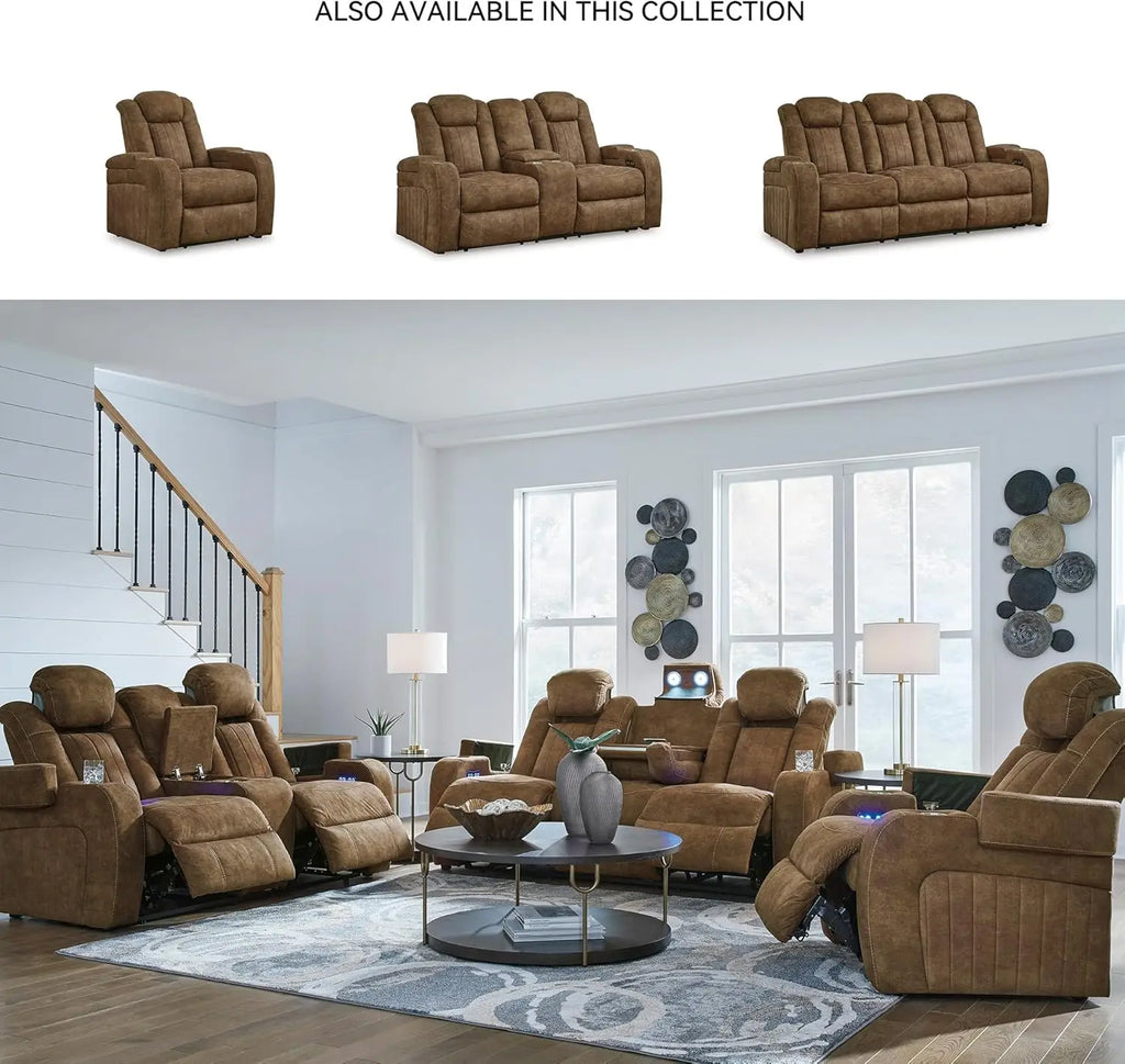 Contemporary Faux Leather Power Reclining Sofa with Drop Down Table, LED Lights, Electrical Outlet, Wireless Charging