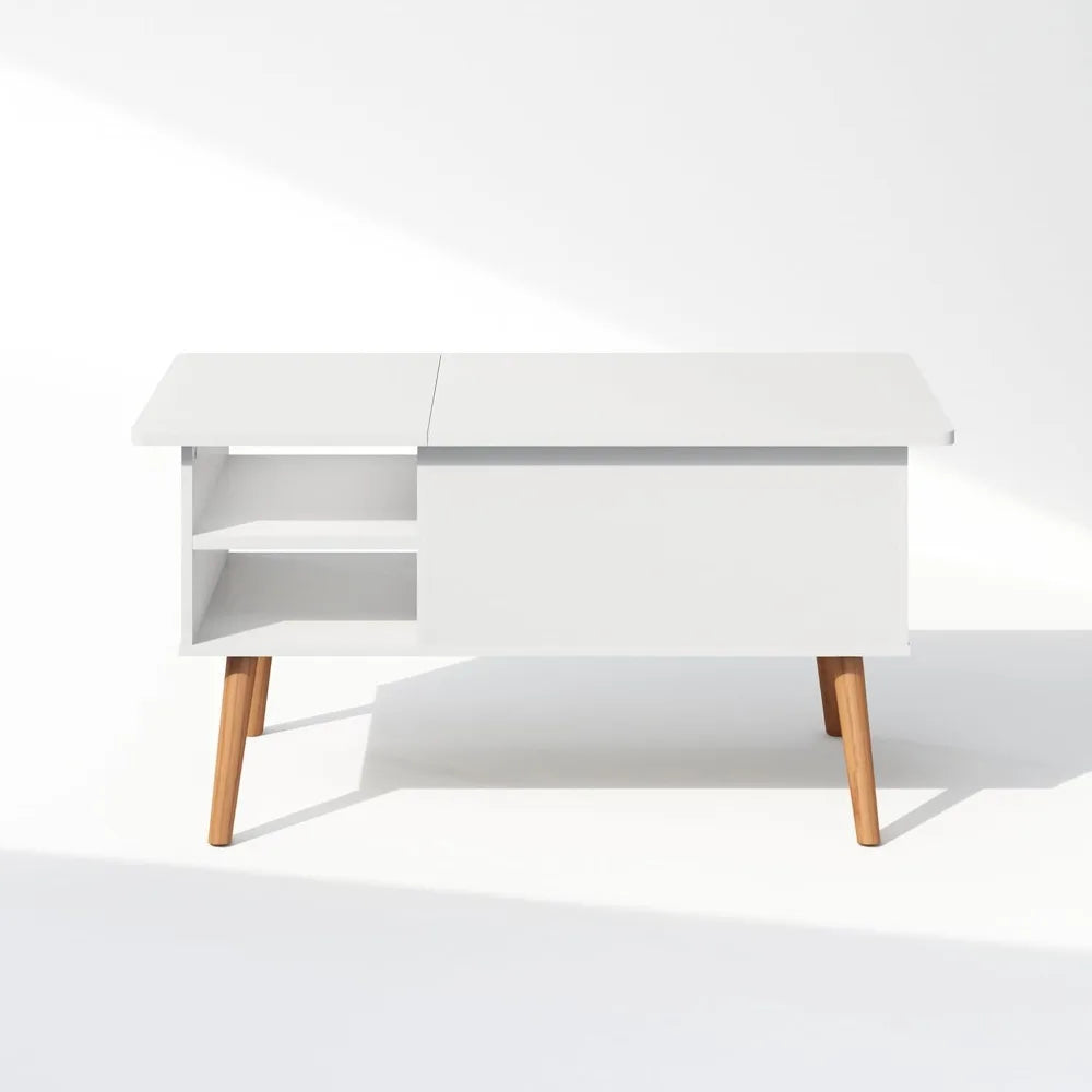 Jensen Wooden Leg Lift Top Coffee Table with Hidden Compartment and Side Open Storage Shelf for Living Room, Solid White