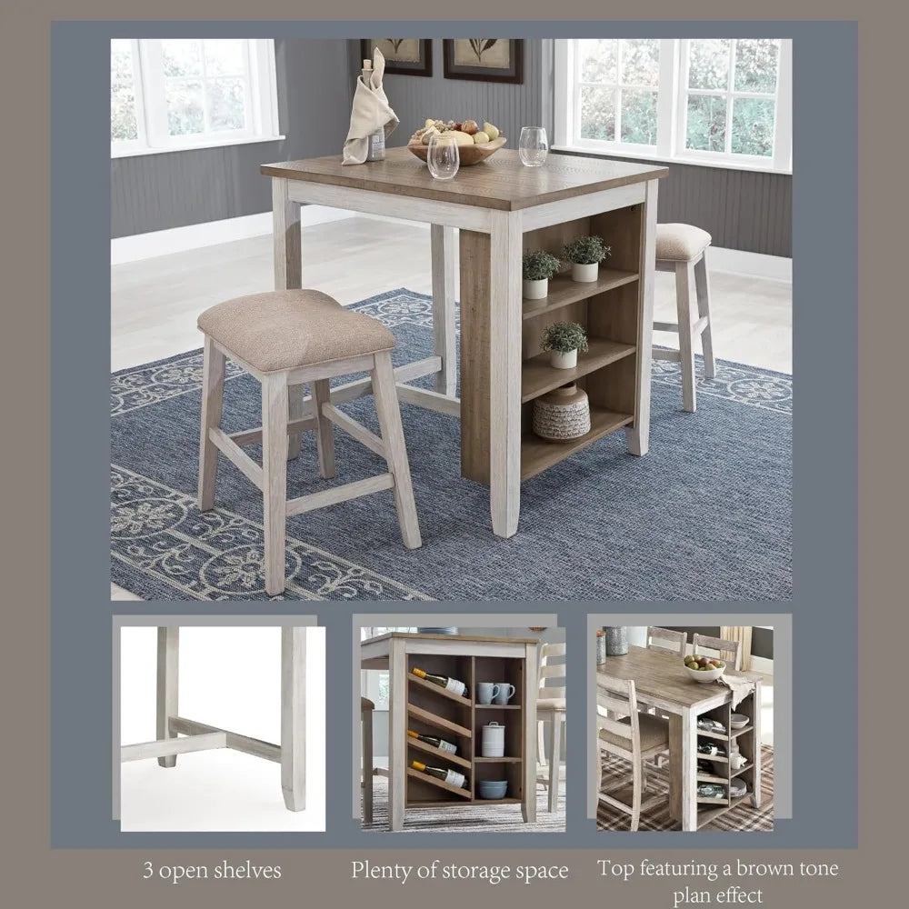 3 Piece Counter Height Dining Set, Includes Table and 2 Barstools, Whitewash