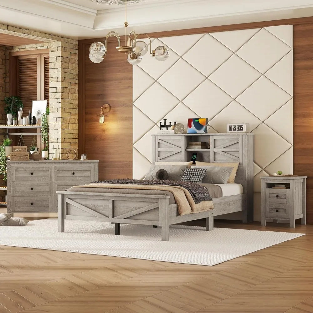 Full Size Bedroom Furniture Set, Full Size Platform Bed with Nightstand and Dresser, Wood Platform Bed with Double Sliding Door
