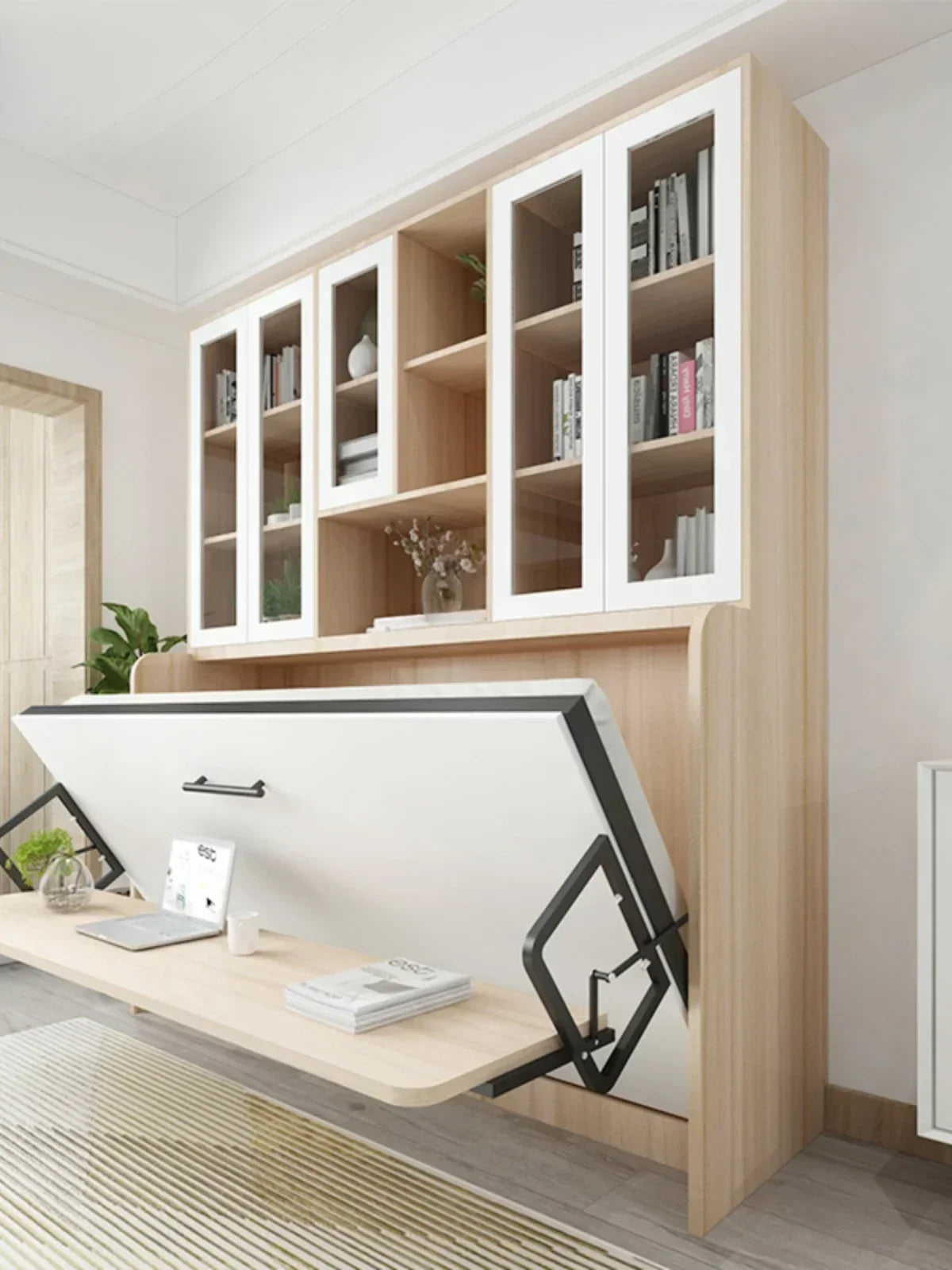 Multifunctional Invisible Desk Bed Bookcase Rotary Rollover Bed Wardrobe Integrated  Murphy Bed Bedroom Set Furniture