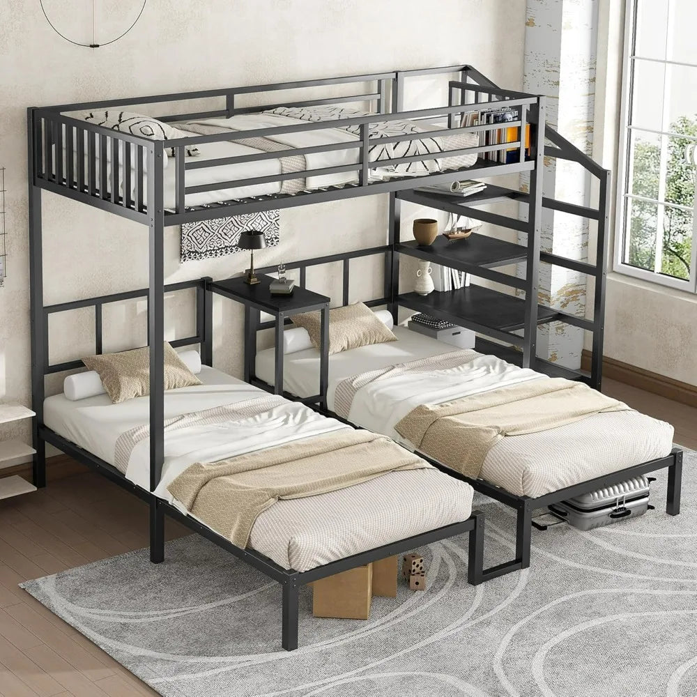 Triple Bunk Bed for Three Children, Sturdy with Storage Steps, Desk, and Safety Rails
