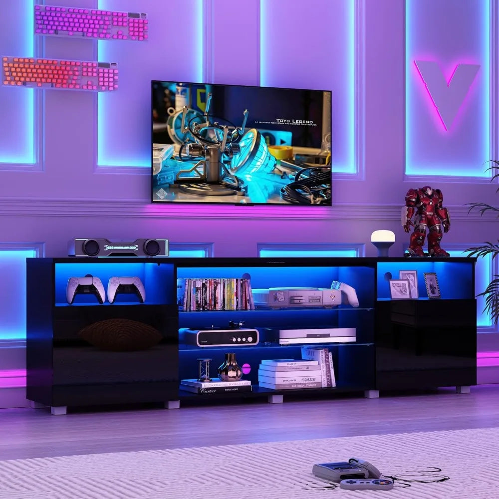 Modern LED 80.7 inch TV Stand for 80/85/90 inch TV,High Glossy TV Entertainment Center with Storage Drawer, TV Stand