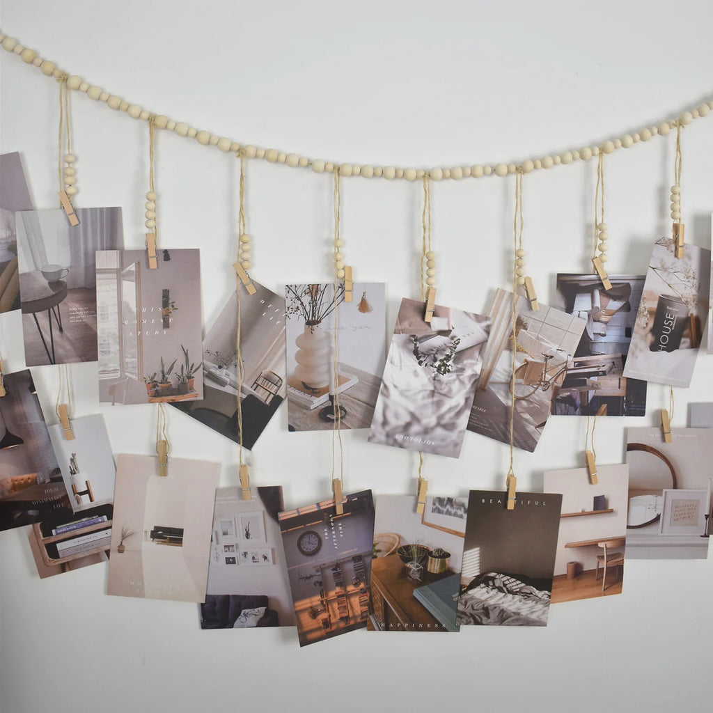 Hanging Photo Display Wooden Bead Garland Boho Wall Hanging for Bedroom Living Room Dorm Party Decor Teen Girl Gifts