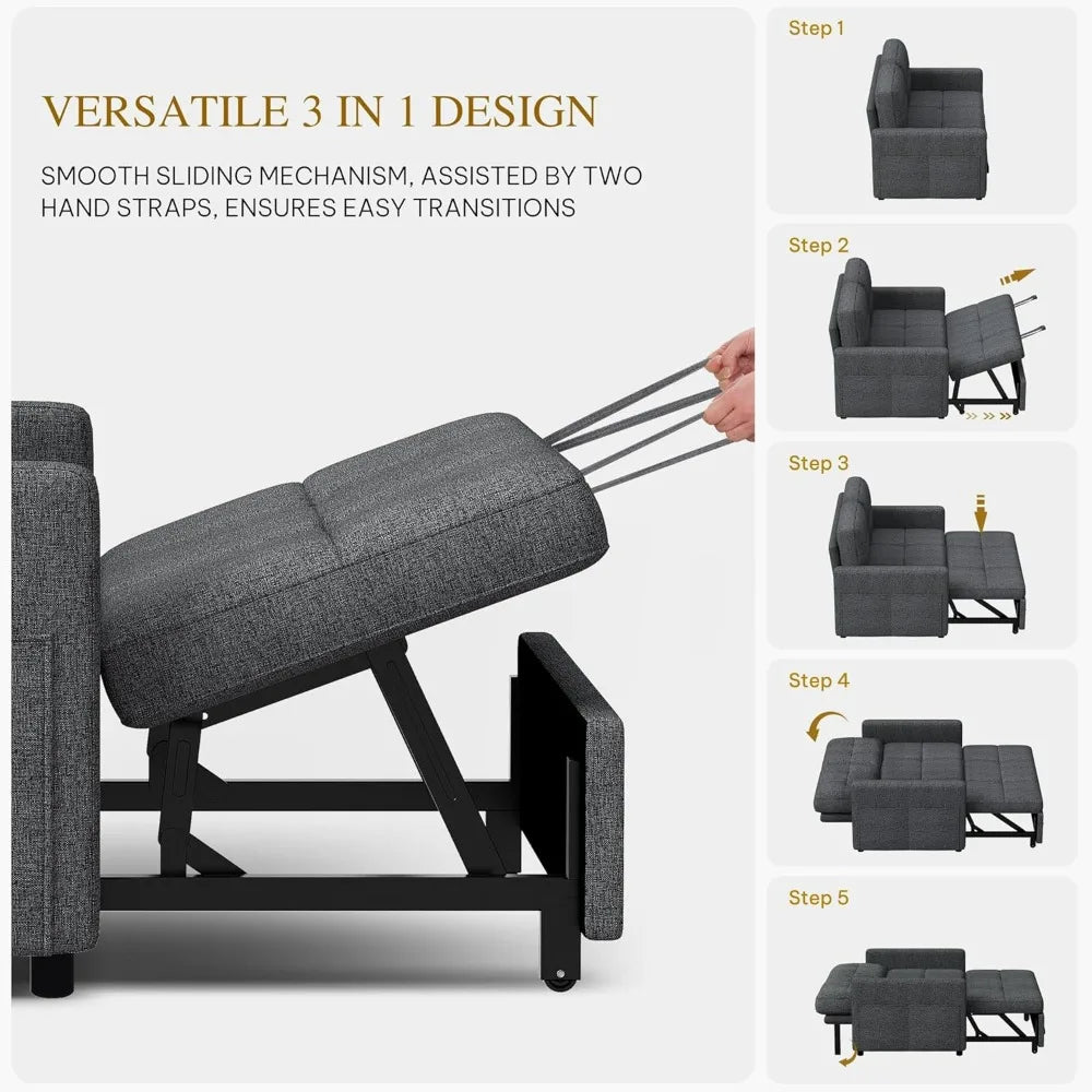 55" Convertible Sofa Bed, 3-in-1 Sleeper Sofa with Pull-Out Bed, Linen Futon Couch with Adjustable Backrest/Side Pocket