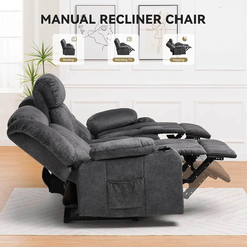 Manual Recliner Chair Set, Fabric Reclining Sofa Chair with Cup Holders, Upholstered Recliner with Side Pockets Suitable