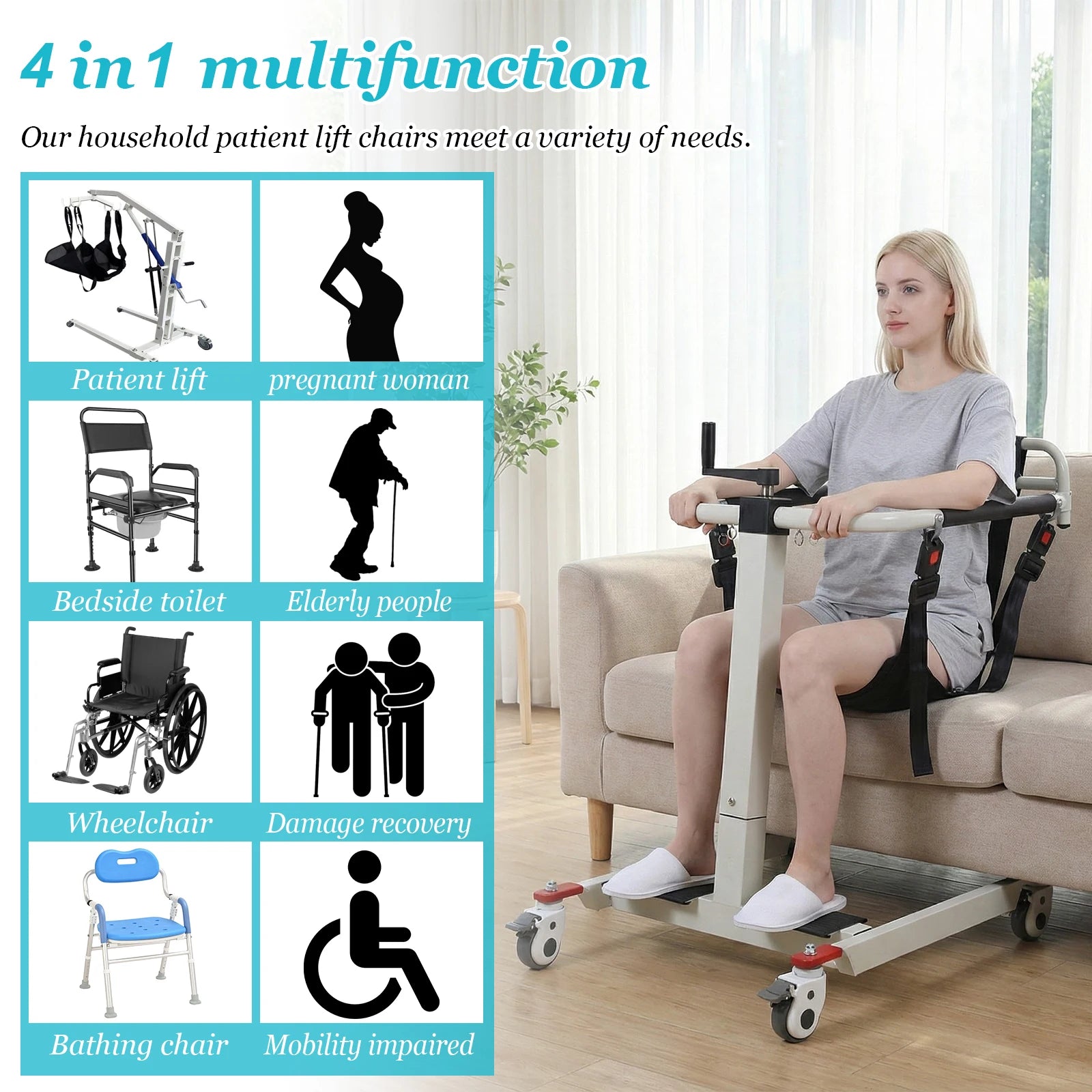 Portable Car Lift Aid Transport Chair with Adjustable Height & Width/ Transport Wheelchair with Wheels for Elderly and Disabled