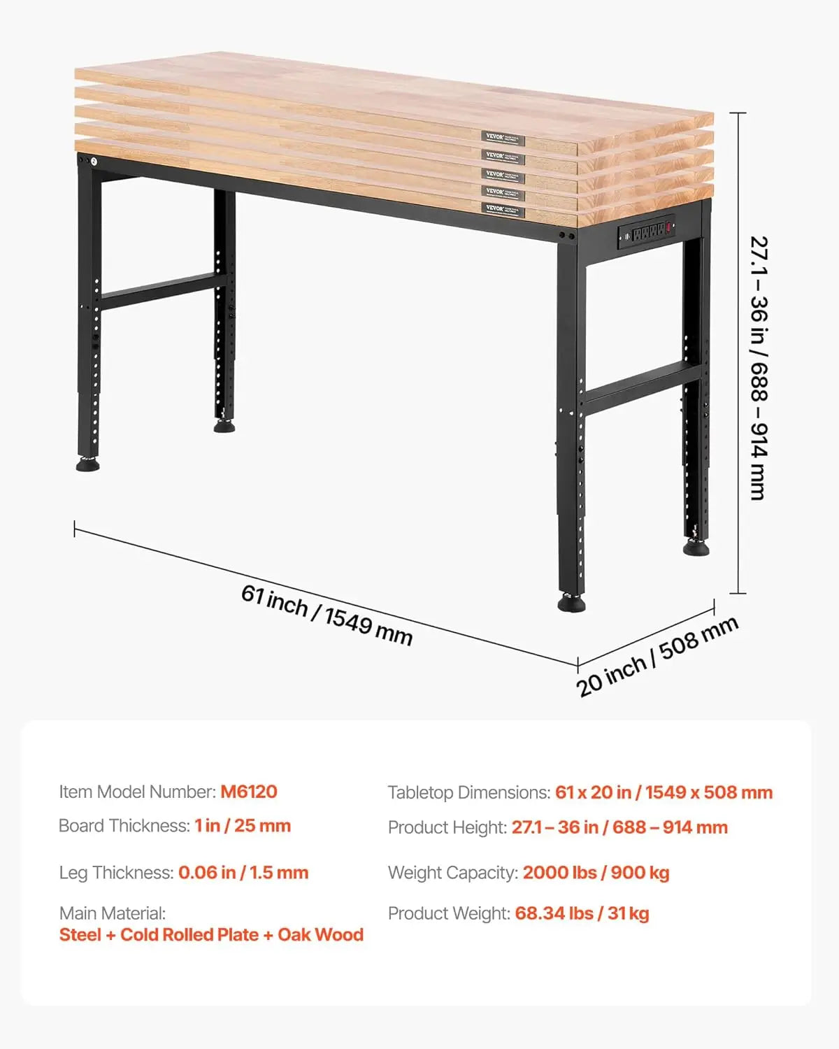Adjustable Workbench, 2000 lbs Capacity, 61 x 20-inch Heavy Duty Work Bench with 27.1-36 Inches Height Adjustment
