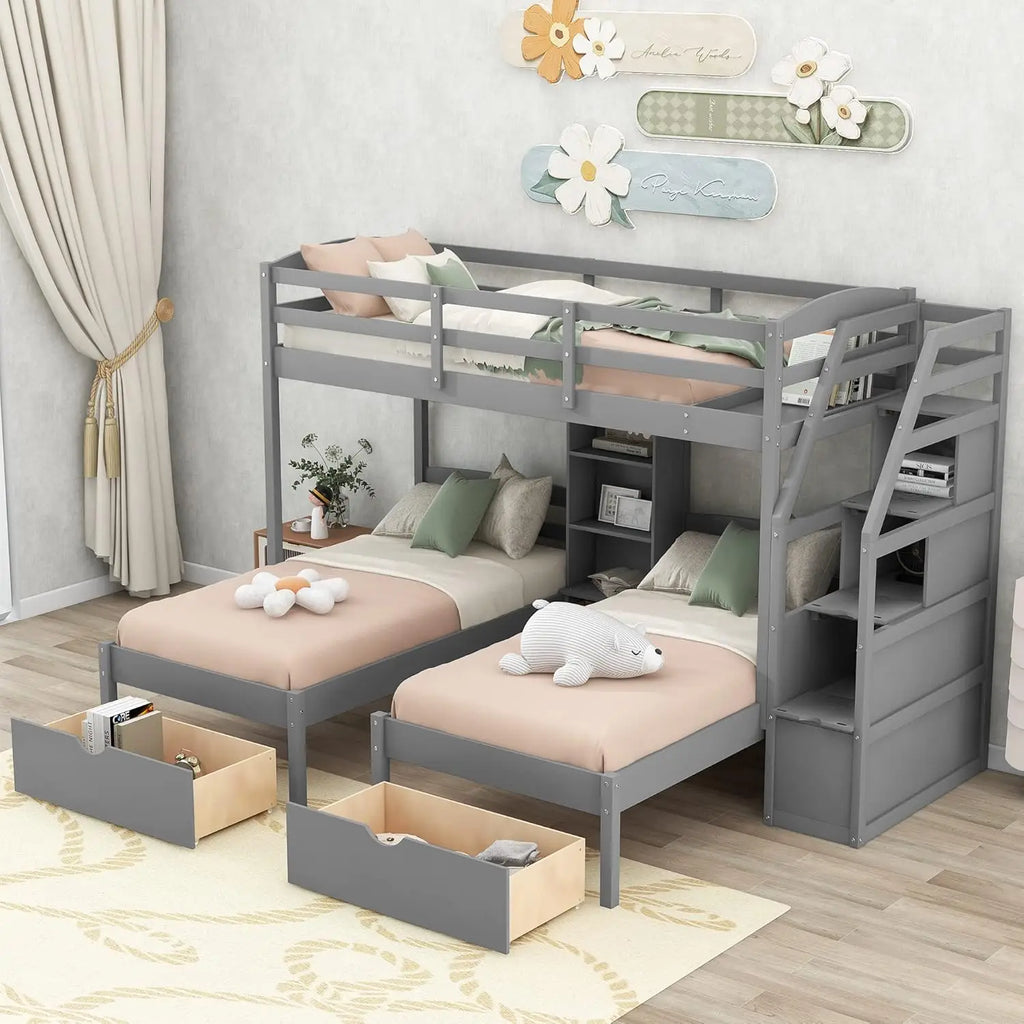 Harper & Bright Designs Woodentriple Bunk Beds With Stairs & Storage Drawers,Twin Over Twin Bunk Bed For 3 Kids, 3 Bunk Beds