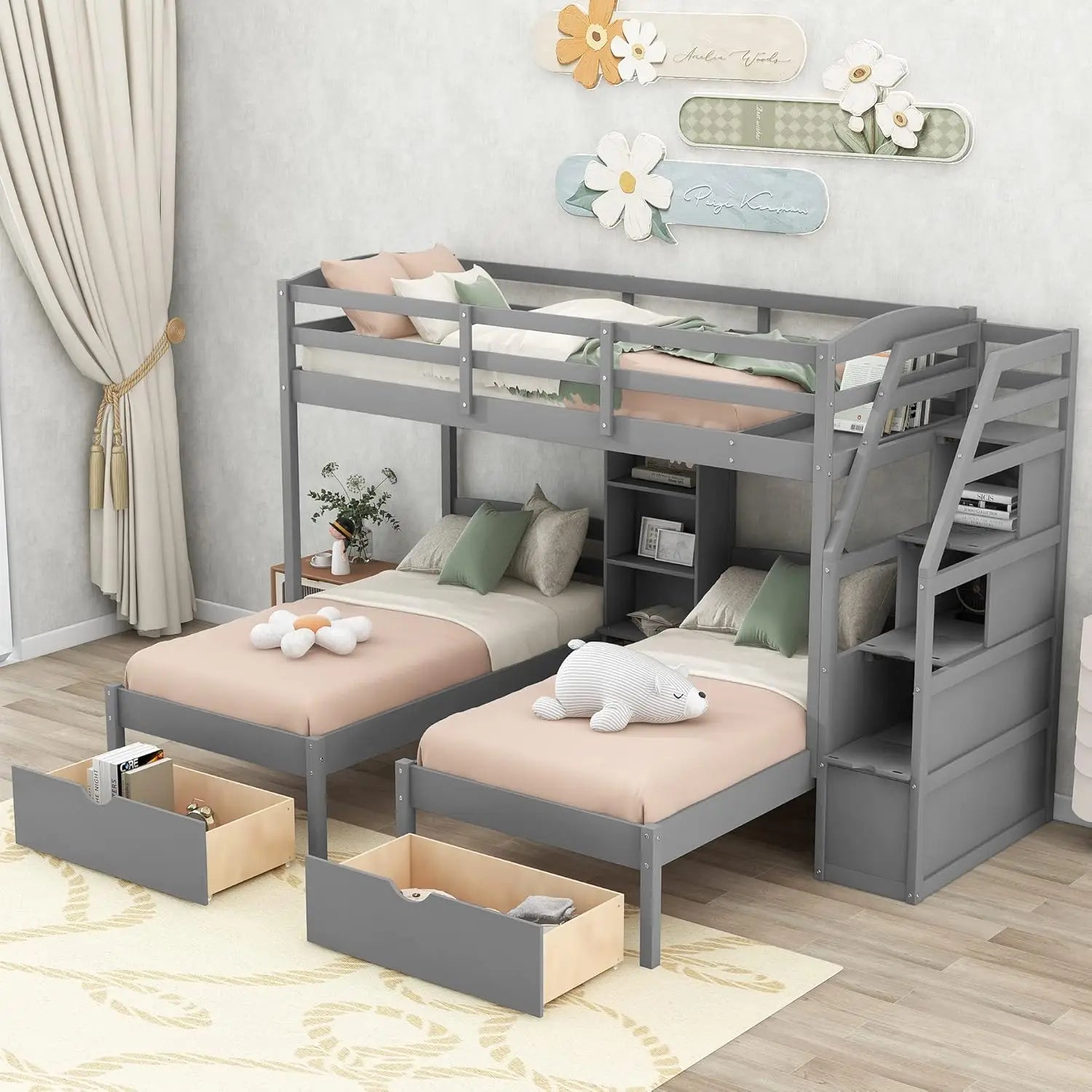 Harper & Bright Designs Woodentriple Bunk Beds With Stairs & Storage Drawers,Twin Over Twin Bunk Bed For 3 Kids, 3 Bunk Beds