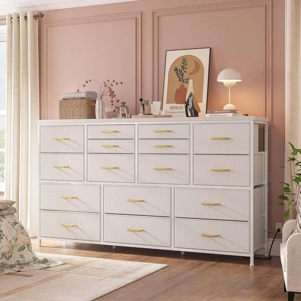 Dresser TV Stand with Power Outlets for 60" TV Stand for Bedroom White Dresser for Bedroom with 16 Drawers, Entertainment Center