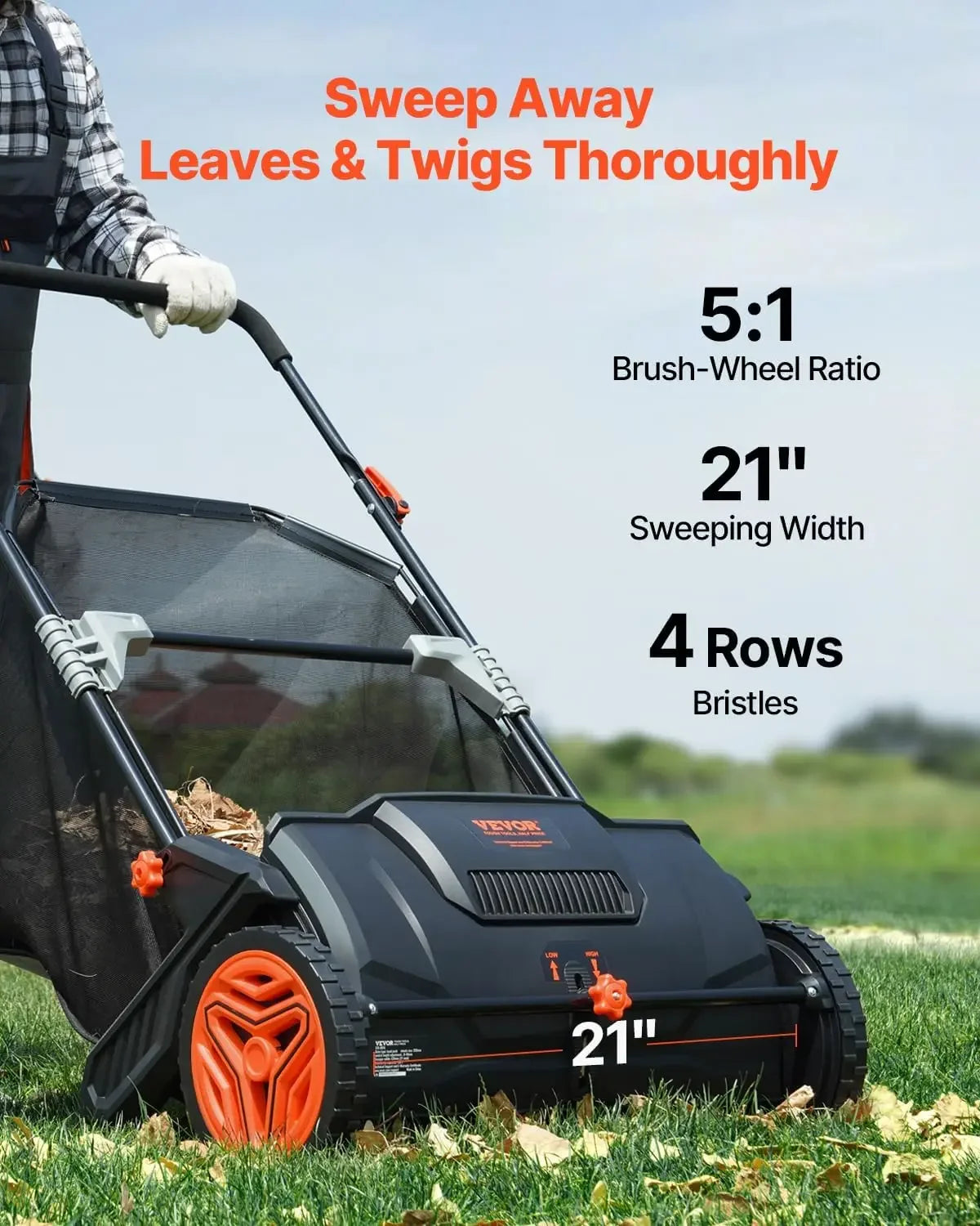 Push Lawn Sweeper, 21-inch Leaf & Grass Collector, Strong Rubber Wheels & Heavy Duty Thickened Steel