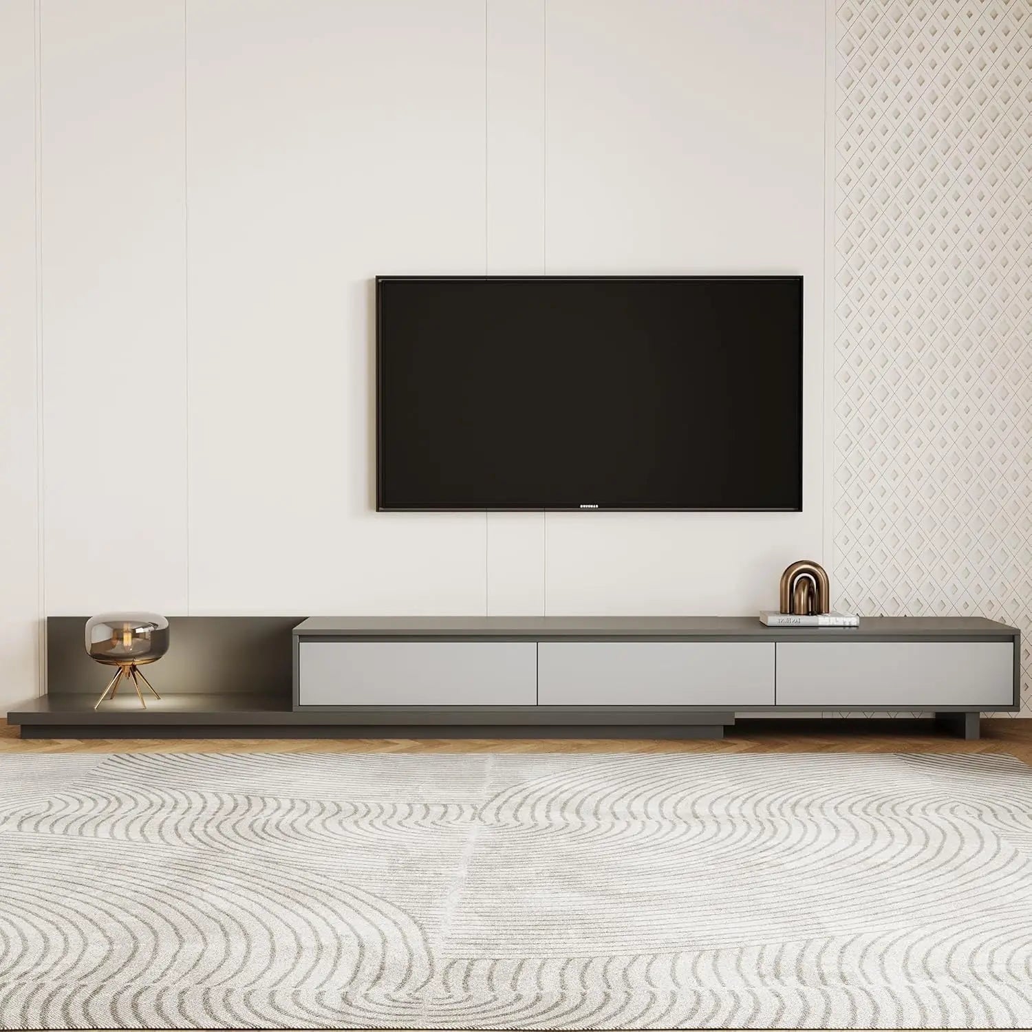 Mid-Century Modern Expandable TV Stand with 3 Drawers – Adjustable Entertainment Center for Living Room & Bedroom (79" to 130"),