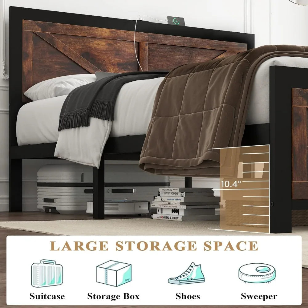 Led Bed Frame Queen Size with Charging Station, with Rustic Barn Door Wood Headboard