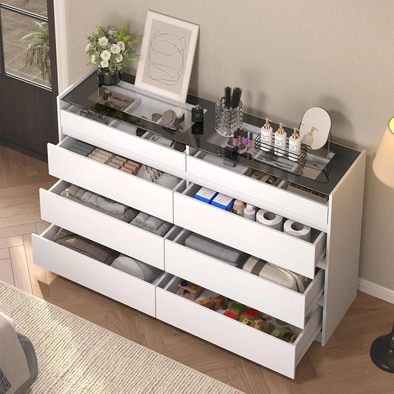 White 8 Drawer Dresser, Modern Chest of Drawers, Jewelry Dresser Display with Glass Top and LED Light