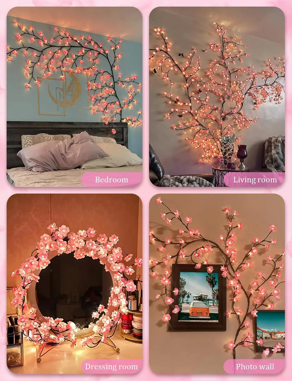 Cherry Blossom Lights for Bedroom Wall Decor, 4 FT 48 LED Dimmable Pink Decor with Remote Timer, 8 Modes, Romantic Gift for Her