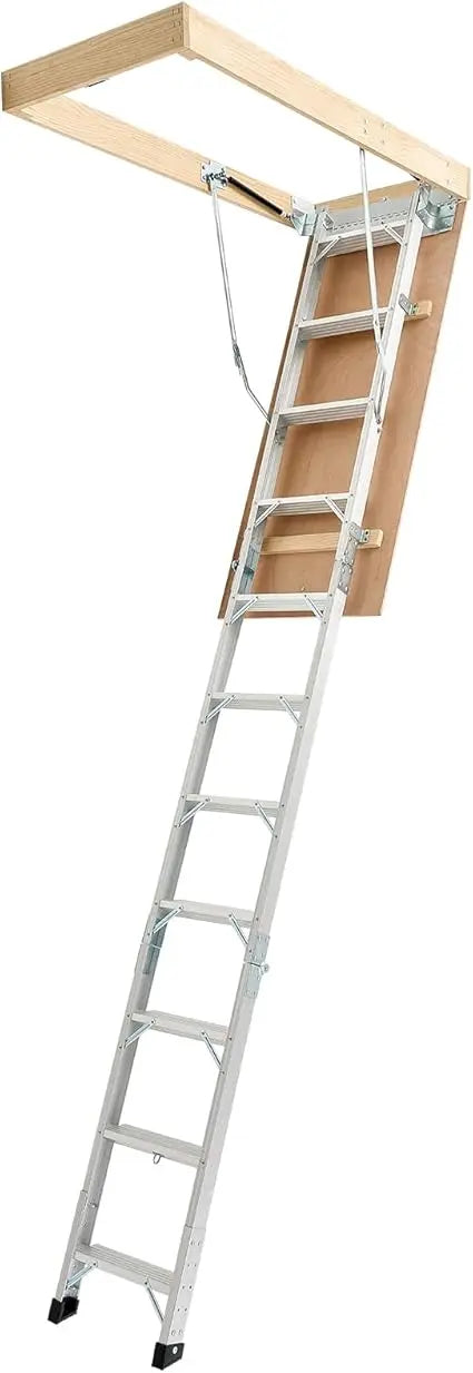 Adjustable Height Multi-Purpose Foldable Aluminum Attic Ladder with 375LBS/170KG Capacity, 9.8 to 10.3 ft/3 to 3.13 m Range
