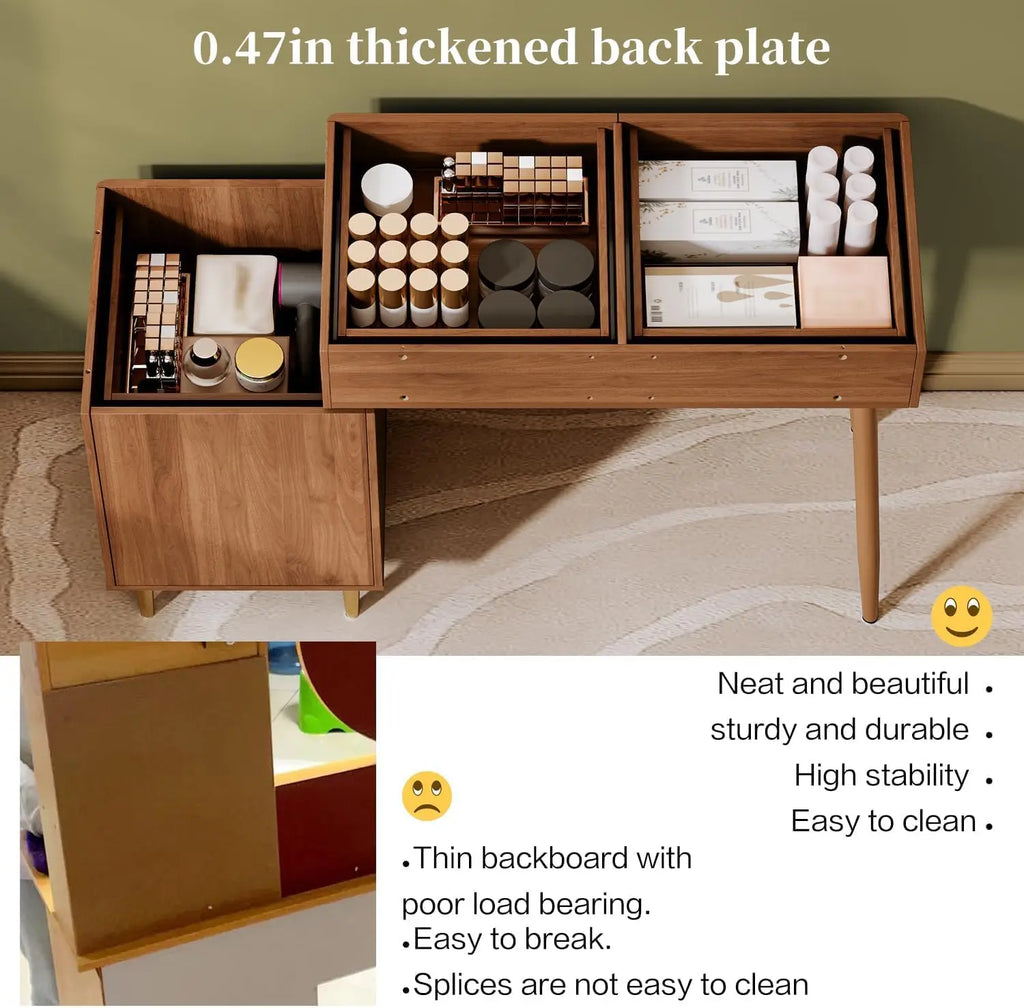 31.5" Brown Stylish Corner Makeup Vanity Table with Lighted Mirror and 4 Spacious Drawers，