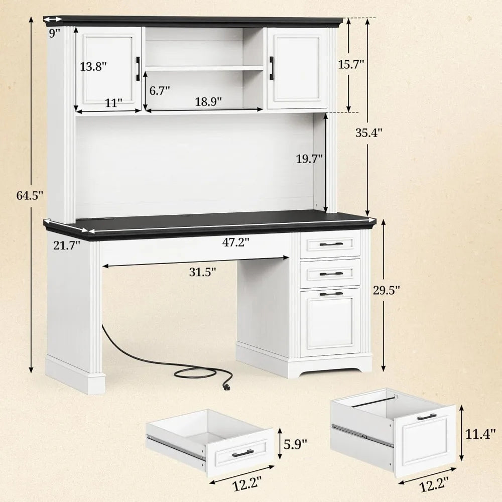 Farmhouse Computer Desk with Hutch and 3 drawers, with Power Outlet