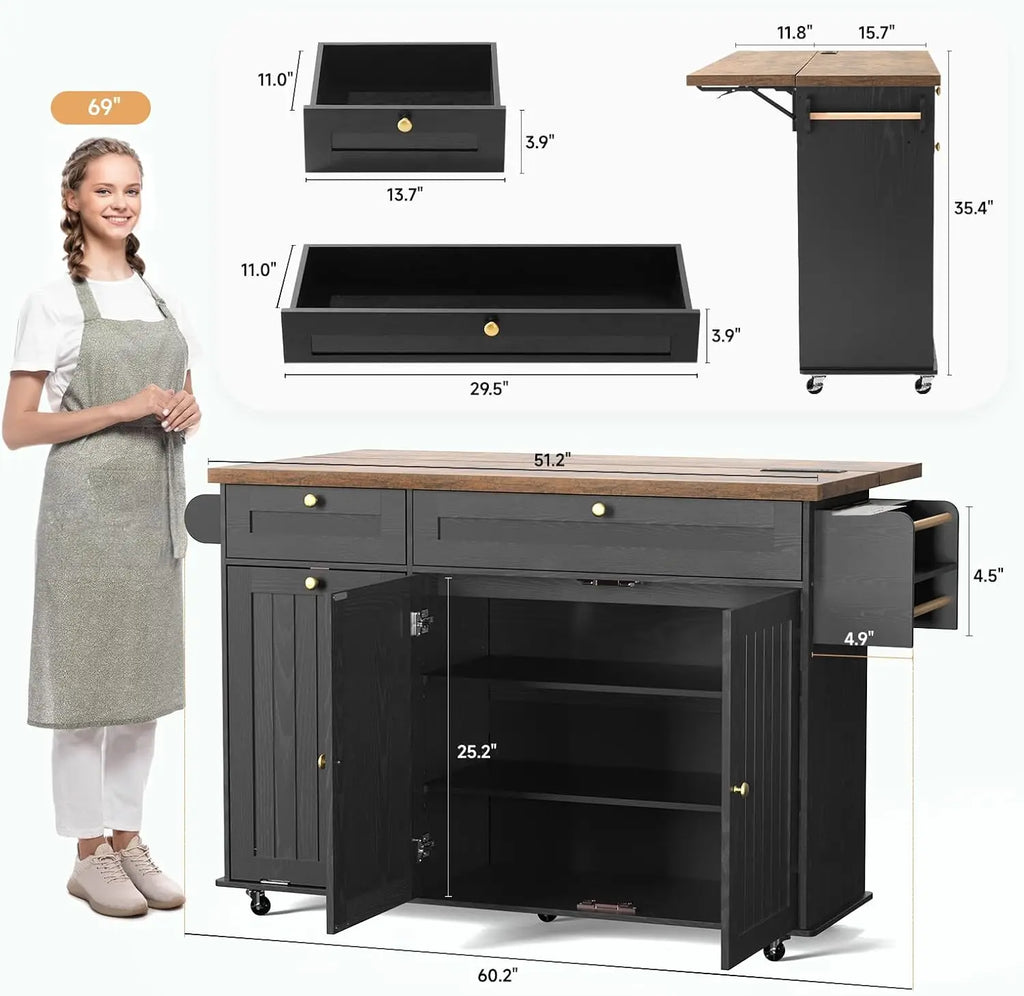 60" Kitchen Island with Power Outlet & Drop Leaf, Kitchen Rolling Island with Spice Rack & Towel Rack, Knife Holder
