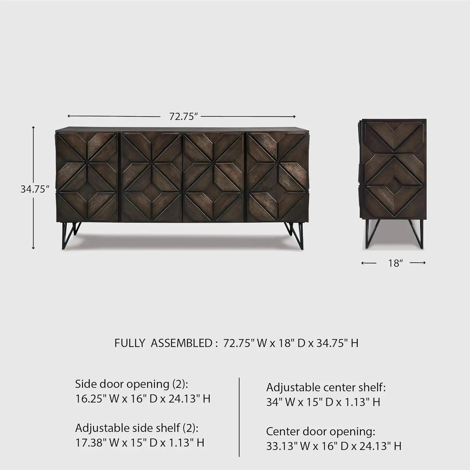 Urban Geometric Design TV Stand Fits TVs up to 70", 4 Cabinet Doors and 3 Adjustable Storage Shelves
