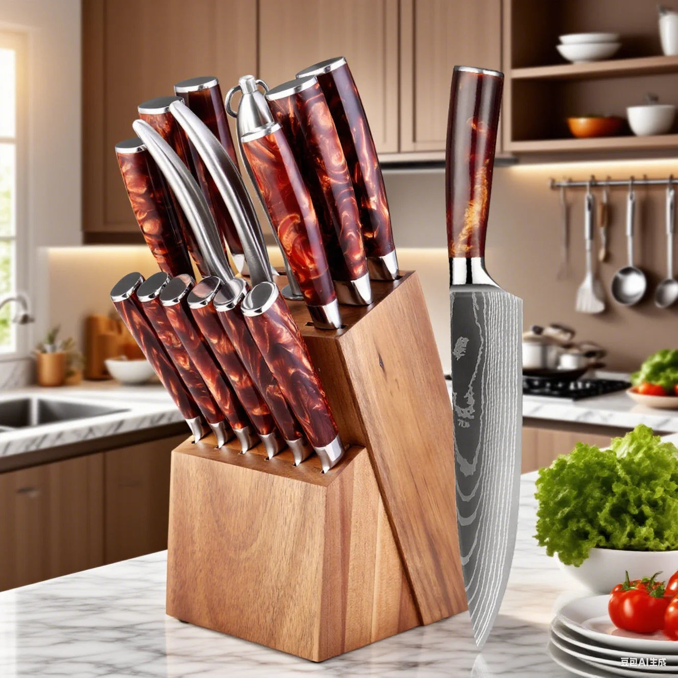 Kitchen Knife Set 15-Piece With Wooden Block, Laser Damascus Pattern Steel Professional Chef's Knife, With Scissor Sharpening Rod