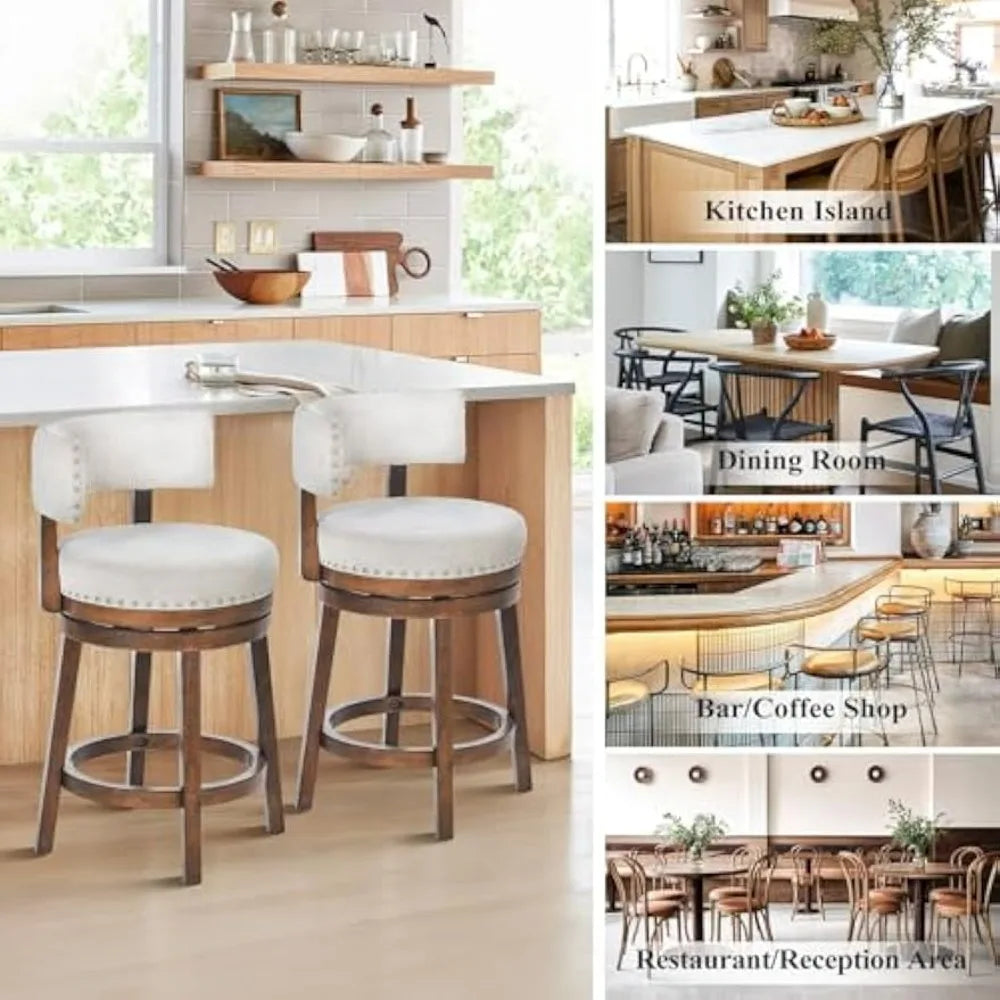 Set of 3 COLAMY 25" Swivel Counter Height Bar Stools with Upholstered Back and Modern Wood Design