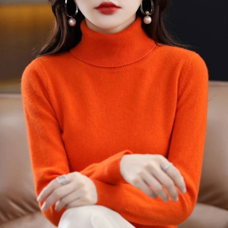 100% Merino Wool Cashmere Sweater Women Knitted Sweater Turtleneck, Long Sleeve Pullovers Autumn/ Winter Clothing