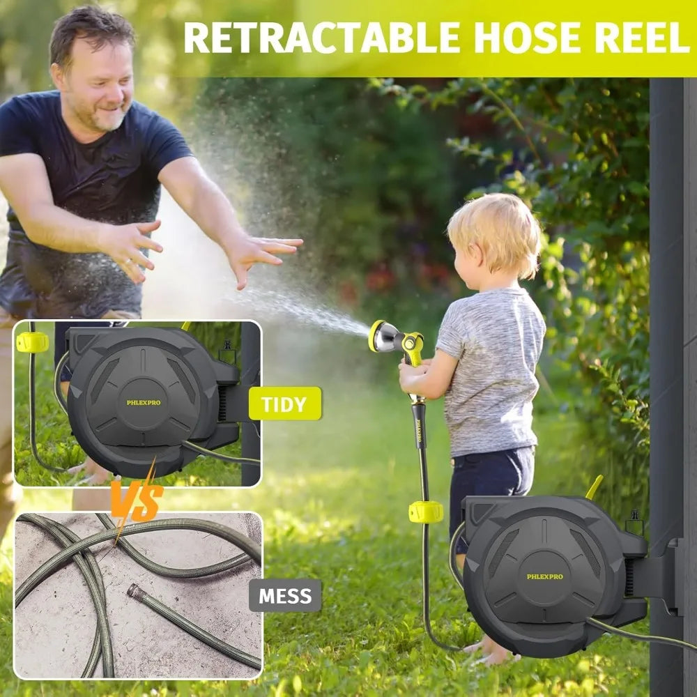 Heavy-Duty 75-Foot 5/8" Retractable Garden Hose Reel with Wall Mount and 10-Pattern Nozzle