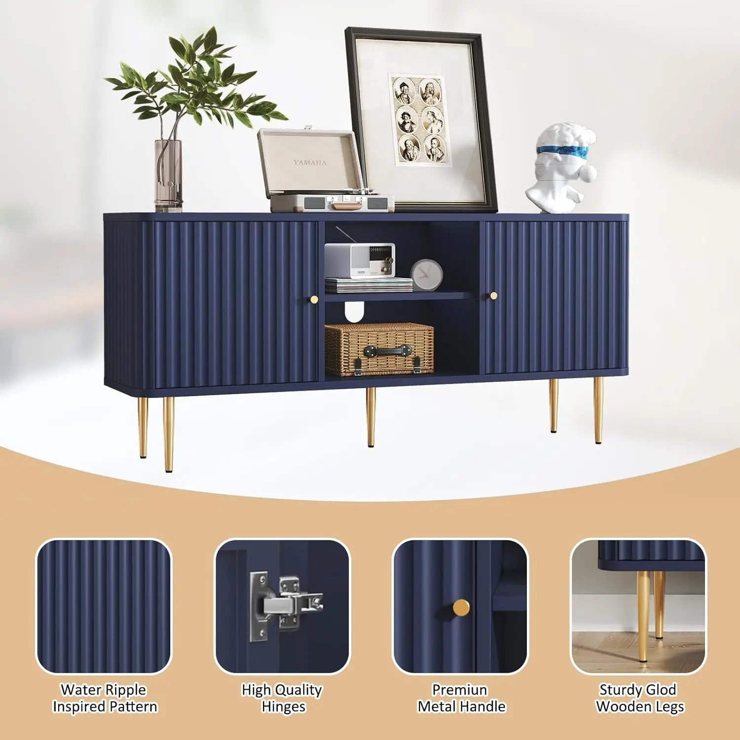 55” Fluted TV Stand, Mid Century Modern Blue TV Stand for 55/60/65 inch TV, Entertainment Center with Storage, Television