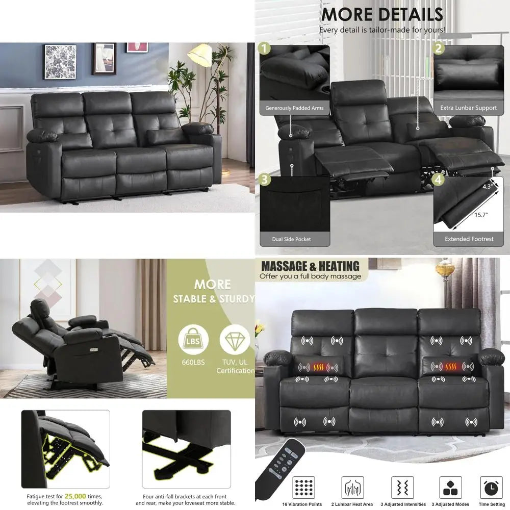 Heated and Massage 3-Seater Power Reclining Sofa with Extended Footrest and USB Ports