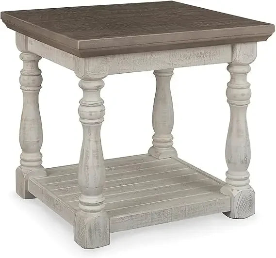 Limited Time Offer, Farmhouse Square End Table with Floor Shelf, Vintage Gray & White with Weathered Finish