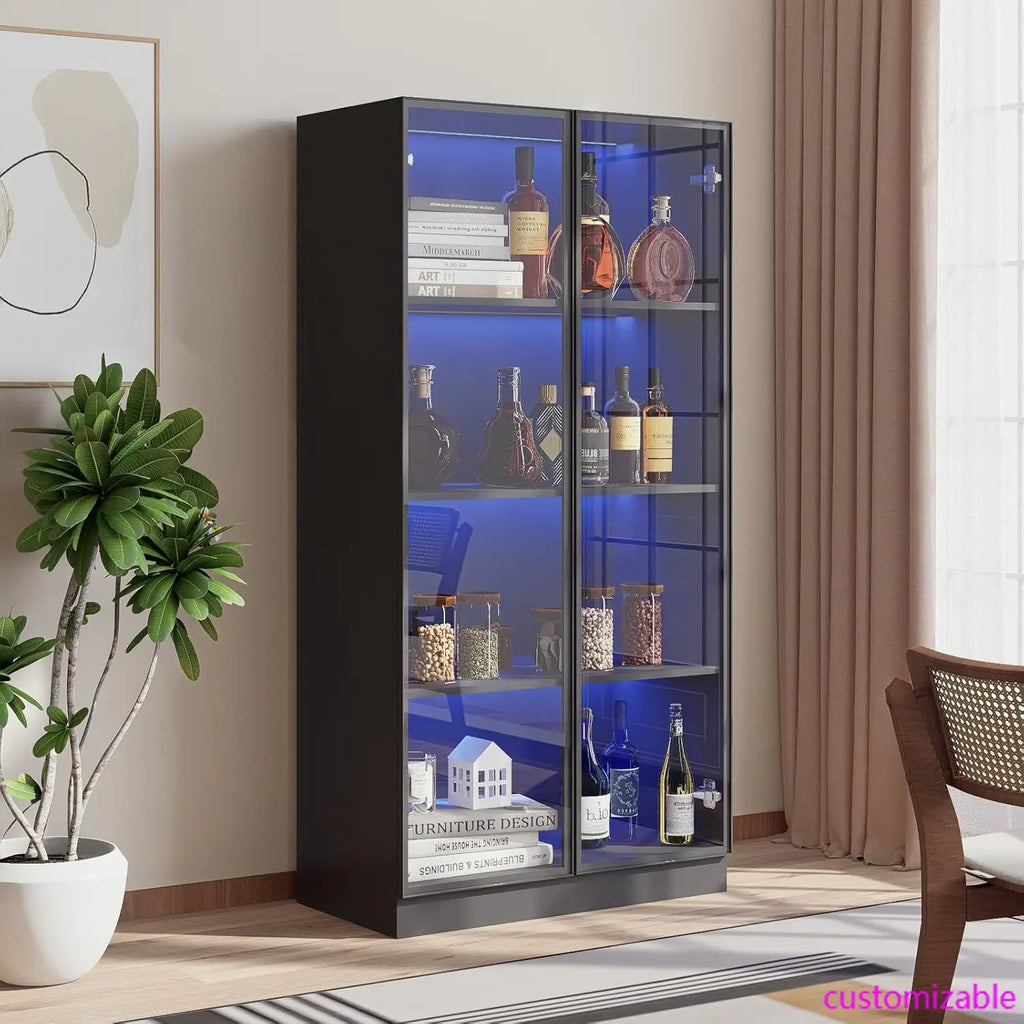 Glass Display Cabinet with LED Lights, Display Case Bookcase with 4-Tier Shelves, Curio Cabinet with 2 Glass Doors