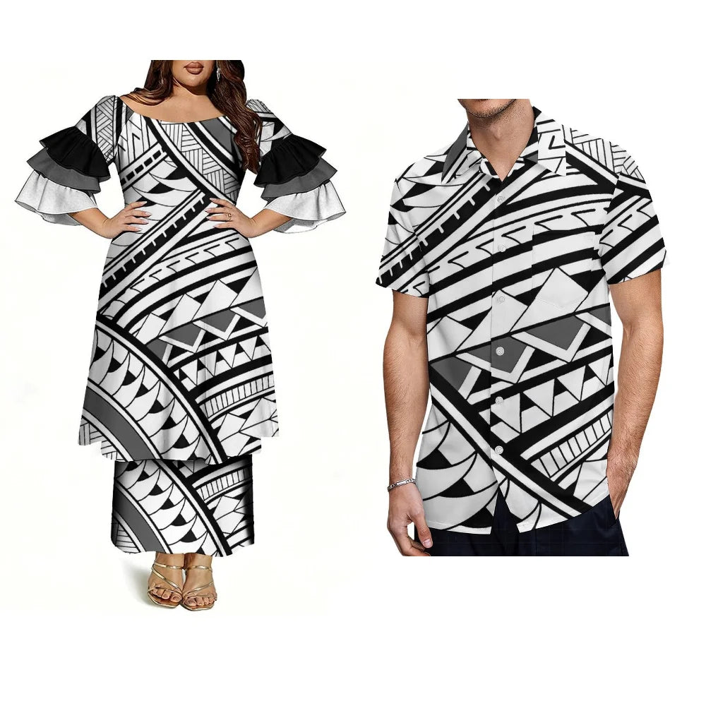 Customized Men's Short-Sleeved Shirts With Polynesian Pacific Island/ Ethnic Style Fashionable Women's Elegant Dresses