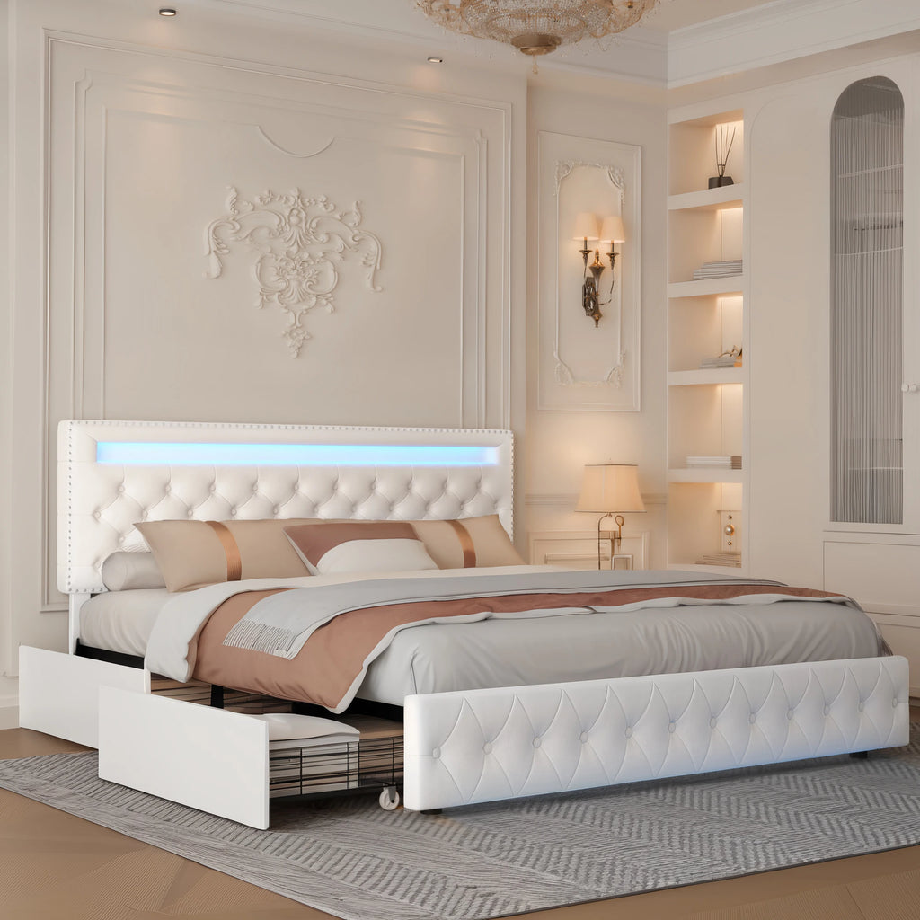 Full Size LED Bed Frame with Storage Drawers, RGBW Lights, Adjustable Headboard, No Box Spring, PU/Velvet Upholstered