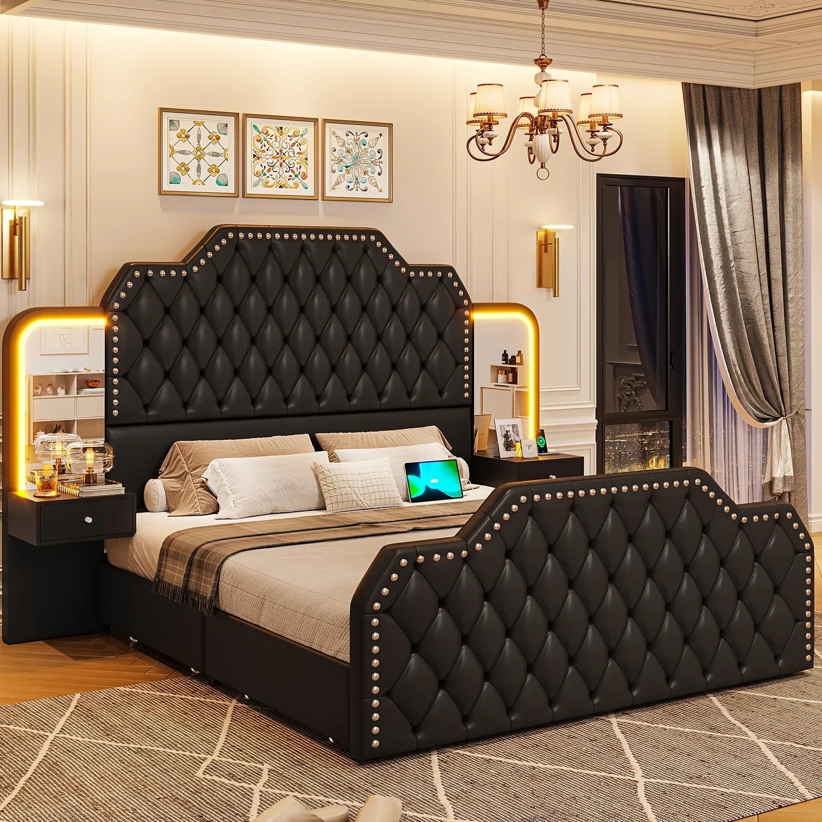 Queen Size Bed Frame/2 Nightstands with Mirror, Platform Bed Frame with 53" Tall Headboard and 4 Storage Drawers