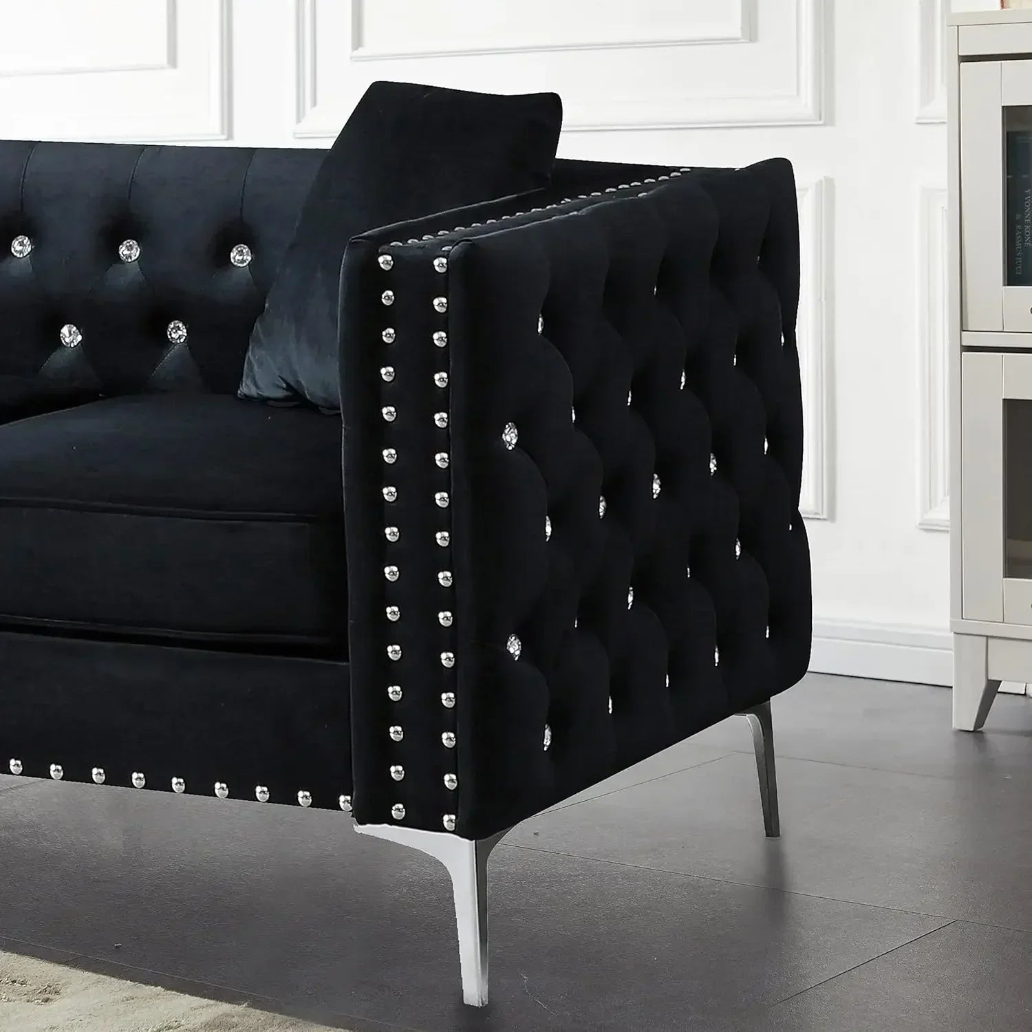 Black Velvet Upholstered Living Room Furniture Set-2-Piece,Including 3-Seater Sofa and Loveseat with Jeweled Buttons