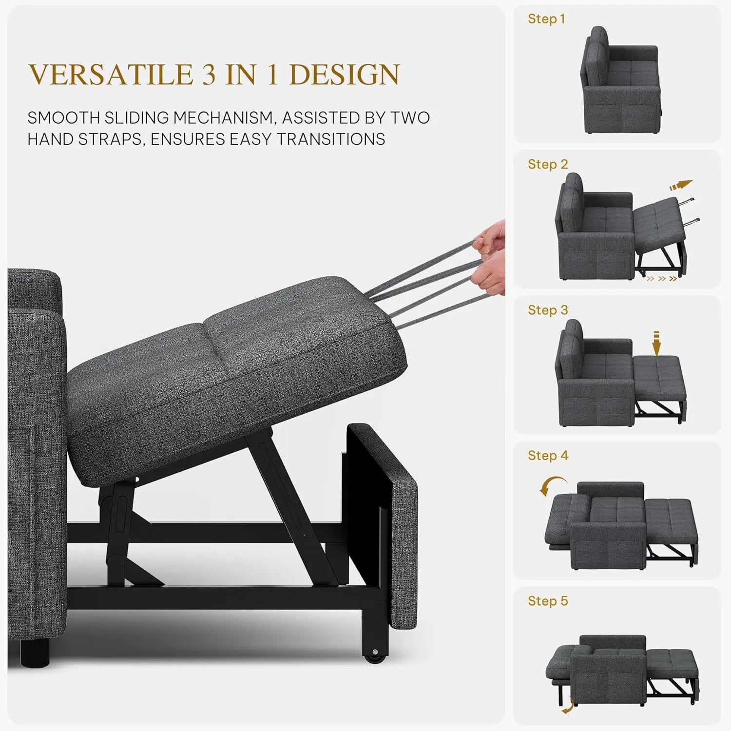 3-in-1 Sleeper Sofa with Pull-Out Bed, Linen Futon Couch with Adjustable Backrest and Side Pocket