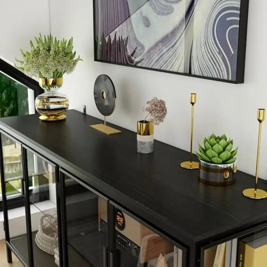 Storage Cabinet with 3-Color LED Lights, Sideboard Buffet with Solid Metal Legs, Modern Display Cabinet, Black