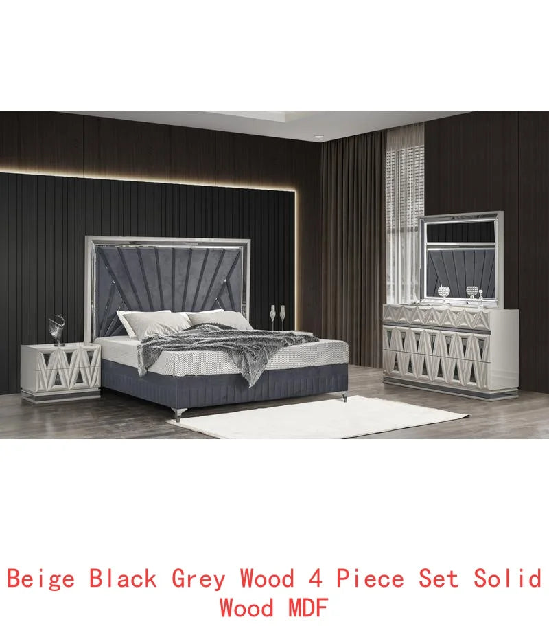 Modern & Contemporary 4-Piece King  Bedroom Set with Wood and Gold Accents in River Sand Grey