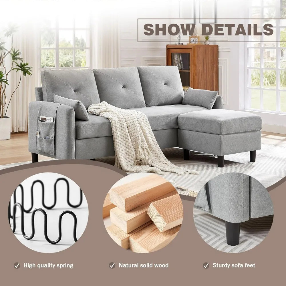 Modern 3-Seat L-Shaped Convertible Sectional Sofa with Reversible Ottoman and Storage Pocket for Small Spaces