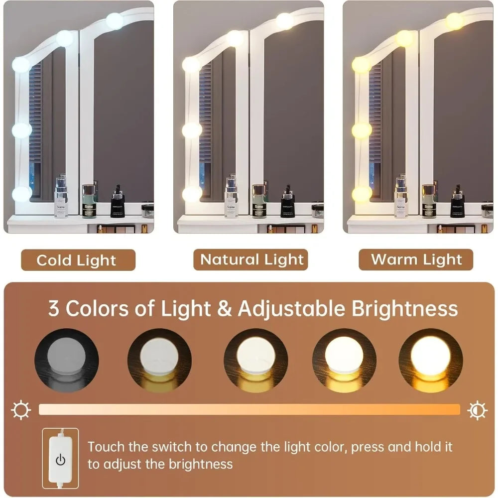 New Vanity Table Set with Lighted Tri-Folding Mirror, Makeup Vanity with Lights & 3 Color Lighting Modes, Vanity Desk/ Mirror