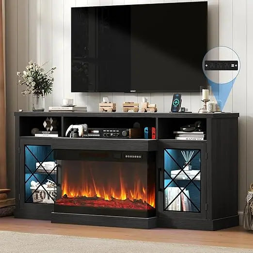 Electric Fireplace TV Stand for 55/65/75 Inch TVs, 3-Sided Glass Fireplace Media Console with LED Lights, Glass Doors, Power Outlets