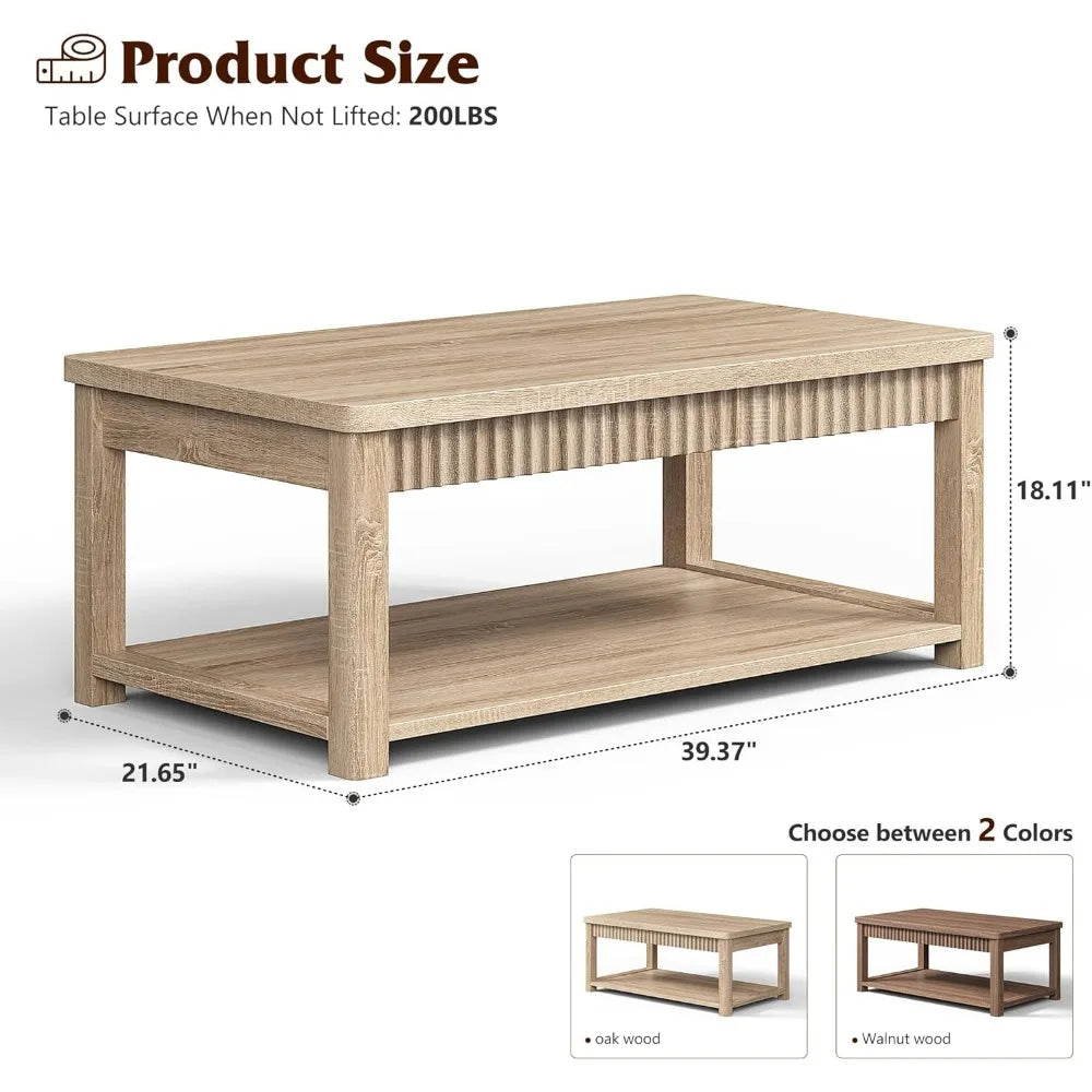 Coffee Table, 39 Inch Modern Coffee Table for Living Room with 2-Tier Storage & Wave-Edge, Oak Center Table for Bedroom/Office