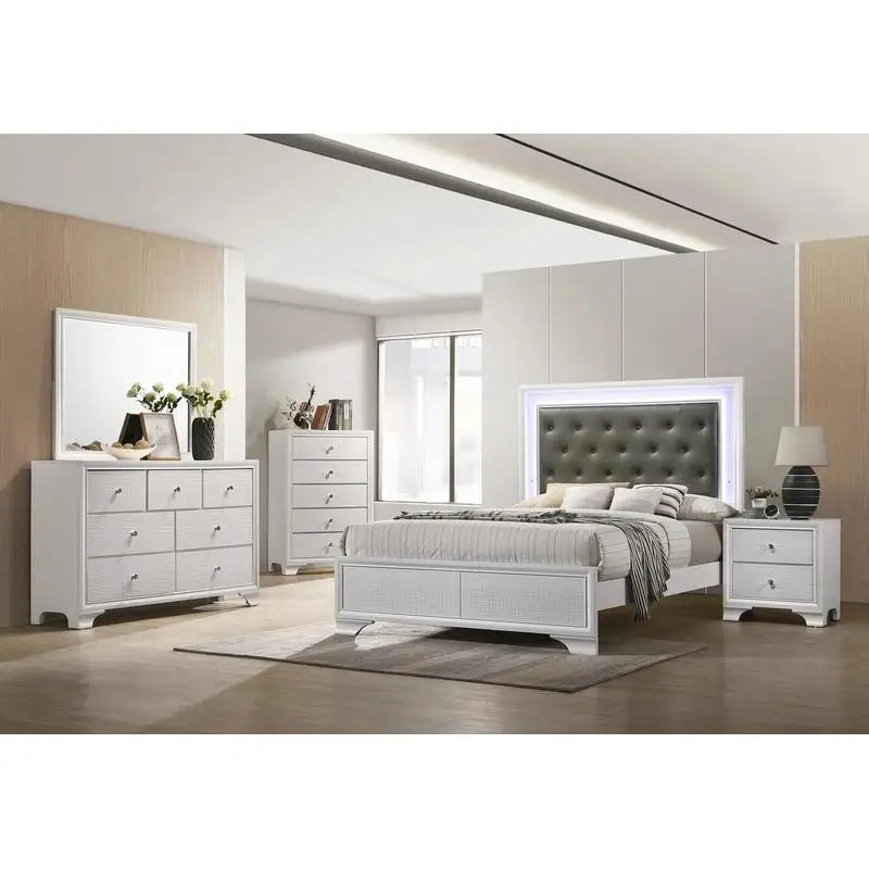 Modern White Crocodile Skin Finish King Size LED Panel Bed Faux Diamond Tufted Bedroom Furniture Set