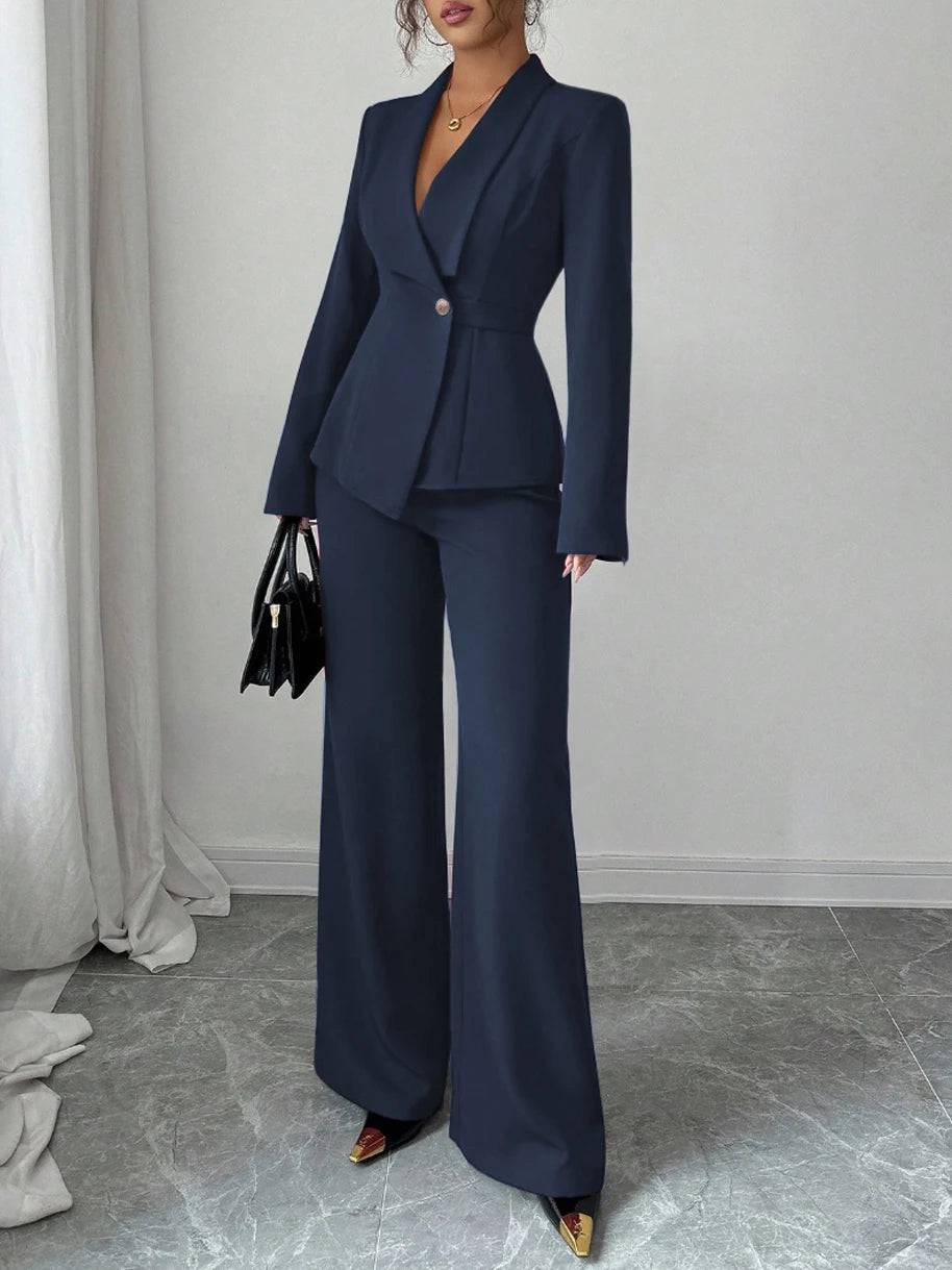 Women's Casual Elegant Solid Color Pocketless Green Collar Long-sleeved Jacket Top and Simple Wide-leg Pants Two-piece Set