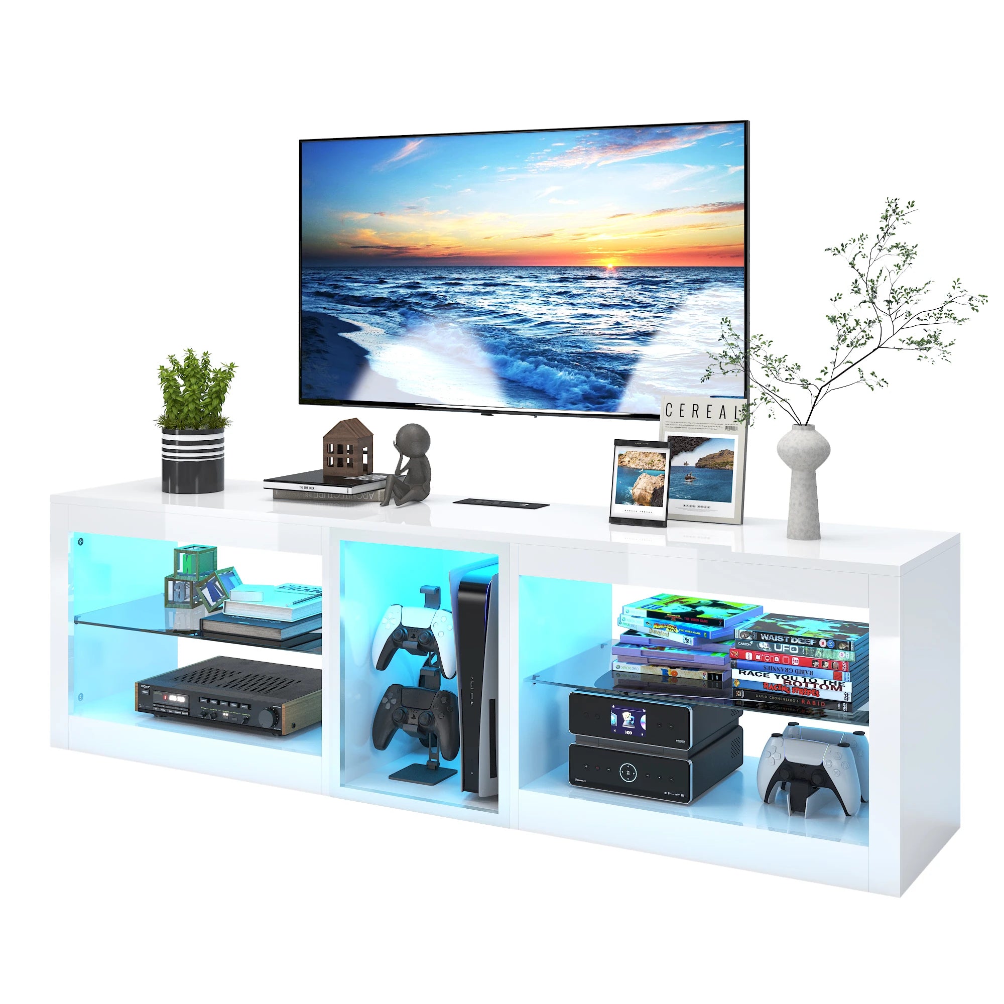 63" LED TV Stand for Televisions up to 70", TV Cabinet with Adjustable Glass Storage Shelves, Modern LED Entertainment Center