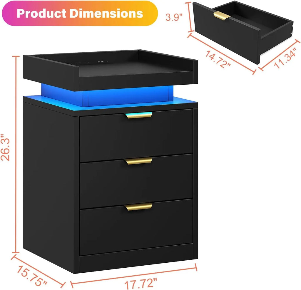 LED End Tables, Set of 2 with Charging Station USB Ports, 3-Drawer Table
