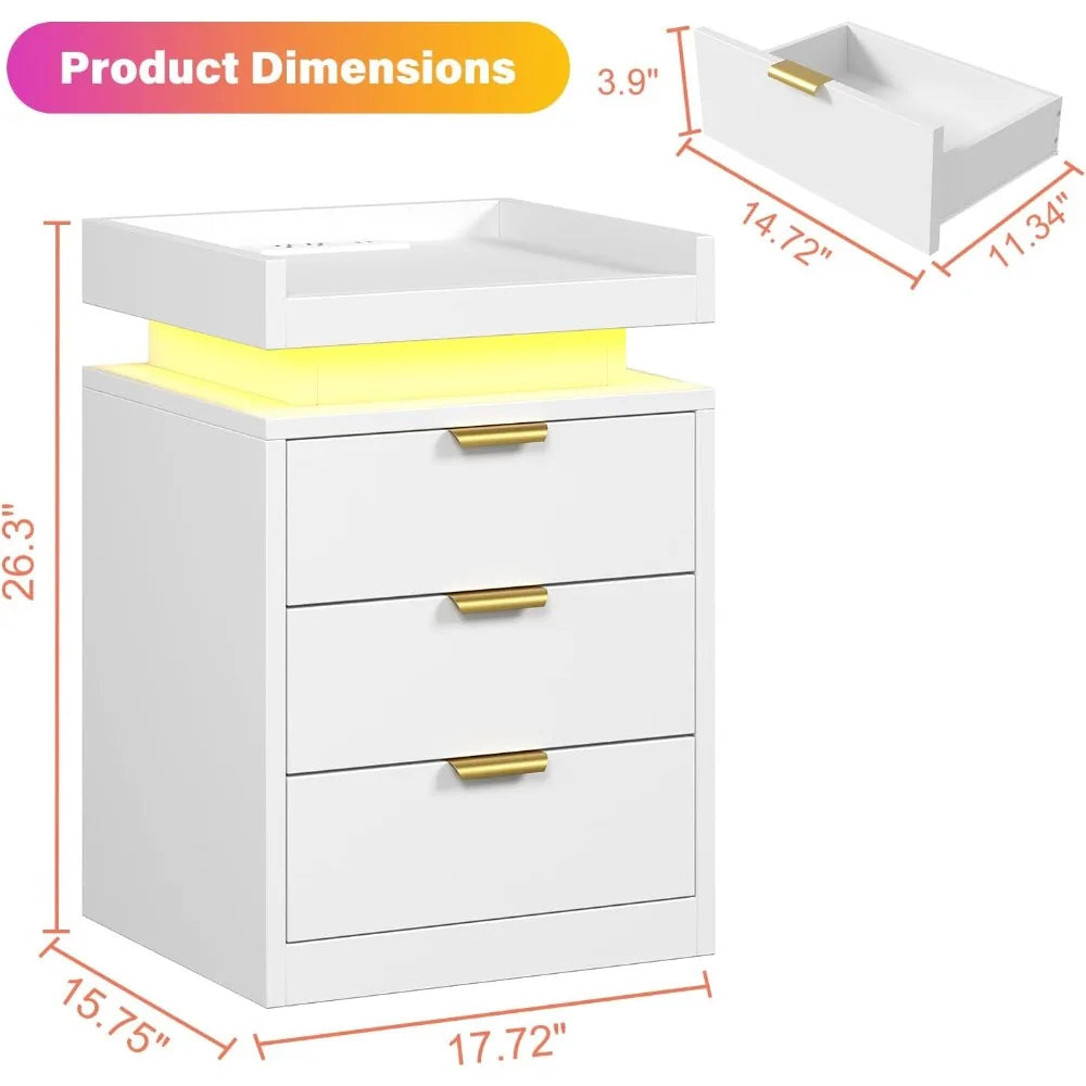 LED End Tables, Set of 2 with Charging Station USB Ports, 3-Drawer Table