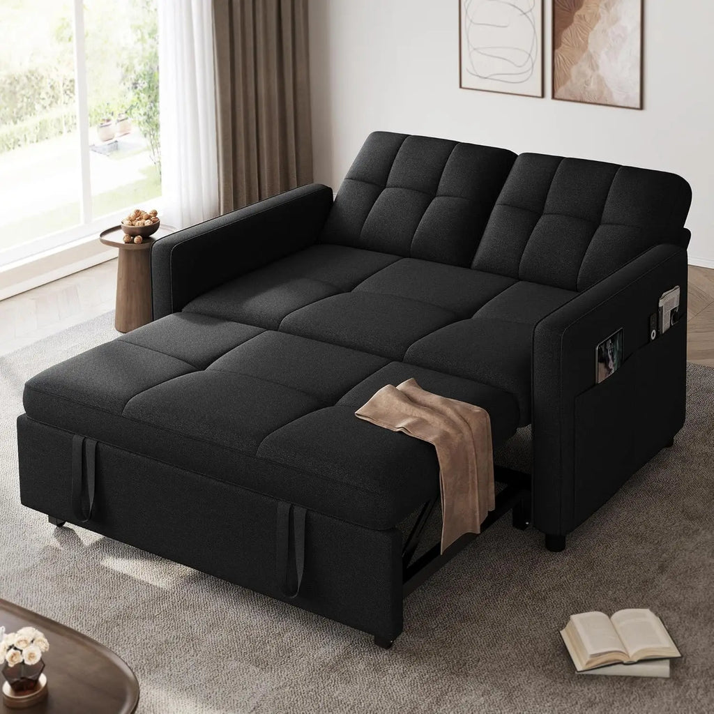 3-in-1 Sleeper Sofa with Pull-Out Bed, Linen Futon Couch with Adjustable Backrest and Side Pocket
